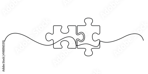 Continuous single line drawing of two puzzle jigsaw pieces. One line drawing of puzzle pieces for ideas, business strategy, thinking process, human creativity, problem solving. Graphic illustration