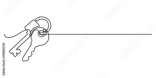Continuous one line art drawing of a house with a key, Set of keys against white background, Single line art drawing symbol of house keys, Real estate line icon. Vector illustration