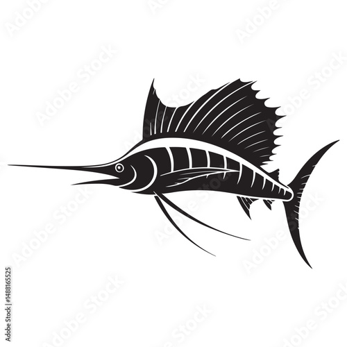 Striking black illustration of a stylized sailfish aquatic creature, Vector black silhouette. with white background
