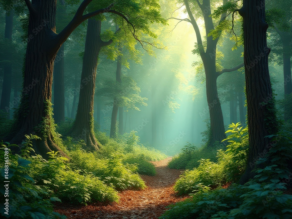 Obraz premium medicinal herbs and berries, traditional medicine Forest with a path through it. The path is surrounded by trees