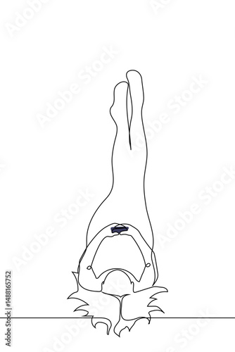 woman with legs up holding phone, lazy Sarvangasana - one line art vector. concept woman in shoulder stand, candlestick or legs on wall