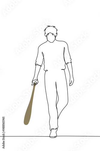 full length man with disheveled sleeves walking with sledgehammer dragging it on the floor - one line art vector. concept male rage, aggressive man