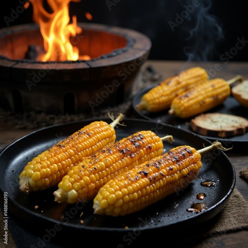 three corn cob black plate corn grilled has golden brown color indicating has been seasoned herbs spices plate placed wooden table fire pit background smoke rising fire pit suggesting corn being