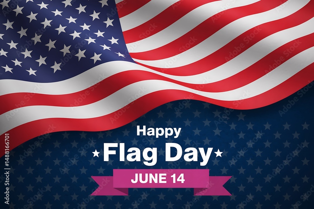 Fototapeta premium Waving american flag with happy flag day message and june fourteenth date display