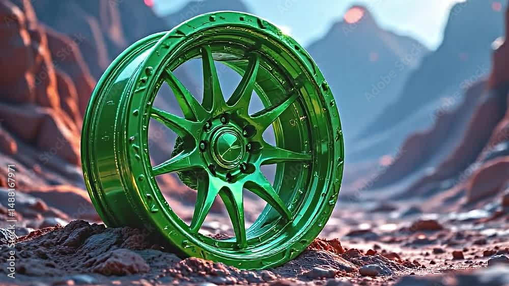 an artistic interpretation of a 3d metallic green wheel, rotating in a surreal landscape, enhanced with colorful light patterns and visual effects