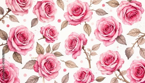 Intricate watercolor rose pattern, delicate blush hues, petals, bloom