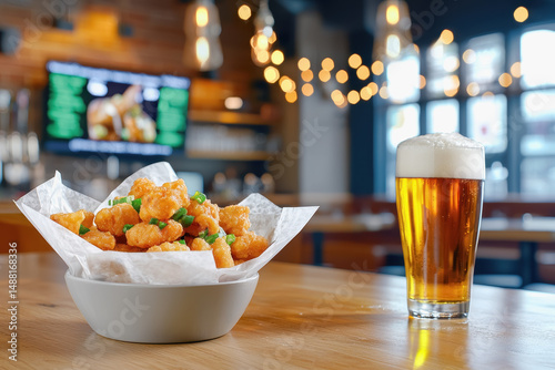 Trendy pub setting with chicken pop served alongside a glass of craft beer creating a casual and enjoyable dining atmosphere