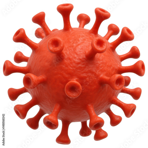 Virus model with spike proteins depicted in red color. transparent background.
