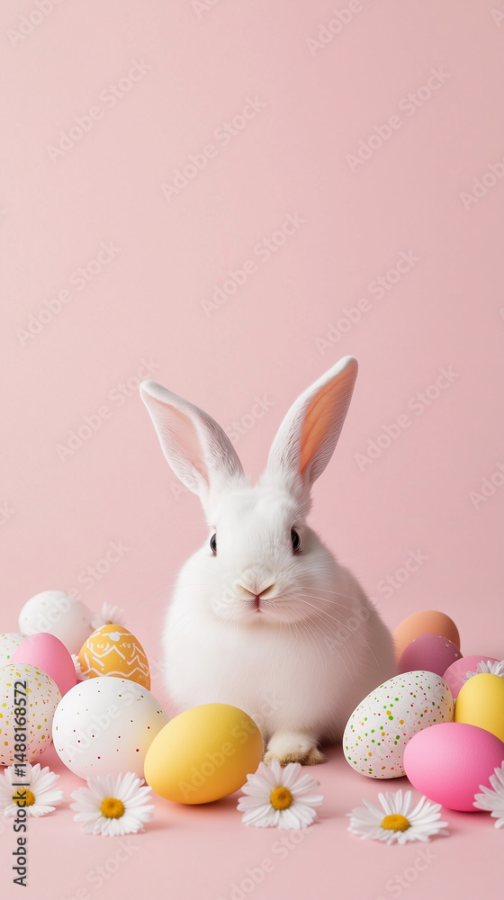 Obraz premium Cute white bunny surrounded by colorful Easter eggs