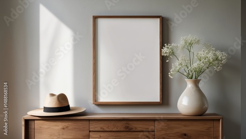 Small picture frame display on wall. Artwork incorporated in modern interior decor. Vacant white space for exhibiting artwork.