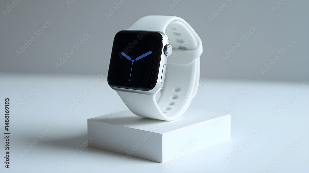 Studio photograph of a modern smartwatch on a minimalist white stand, isolated on a white background, soft diffused lighting, sharp focus, photorealistic Studio photograph of a modern smartwatch on a minimalist white stand, isolated on a white background, soft diffused lighting, sharp focus, photorealistic