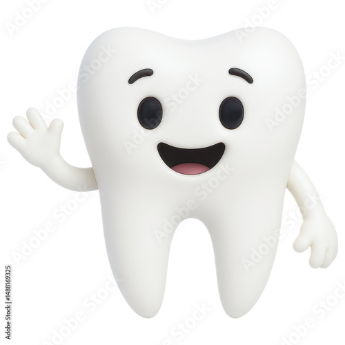 Happy cartoon tooth character waving. transparent background.