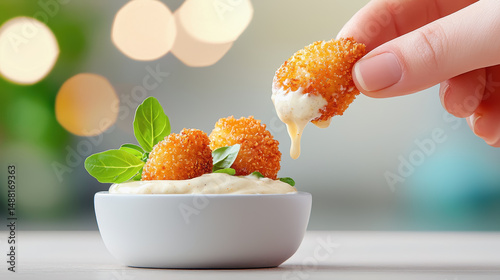 Close-up of a person dipping a cheese nugget into a bowl of tantalizing sauce creating a mouthwatering scene