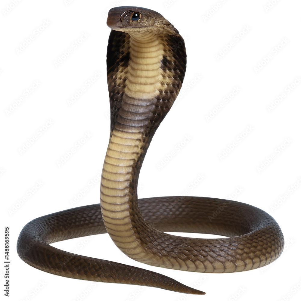 Fototapeta premium Cobra poised in a defensive posture. transparent background.