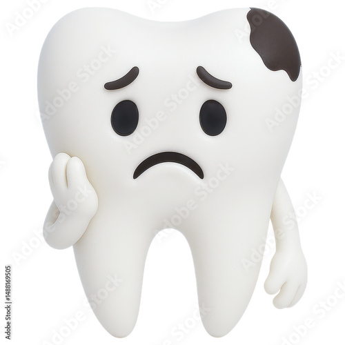 Sad cartoon tooth with a cavity and a worried expression. transparent background.