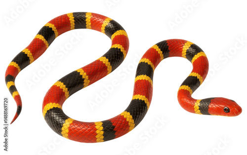 Coral snake with vibrant red, yellow, and black bands. transparent background.
