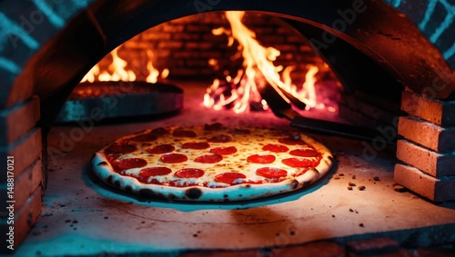 Wood-fired pizza oven with a shovel for baking. The chef turns the pizza for uniform cooking.