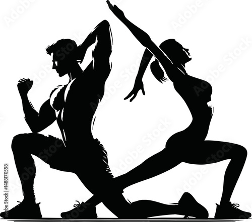 Fitness silhouette of men and woman stretching,simple vector art on white background