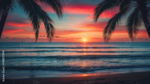 Fototapeta Naklejka Na Ścianę i Meble -  Beautiful Caribbean beach landscape with sunrise, colorful sky, and water reflections