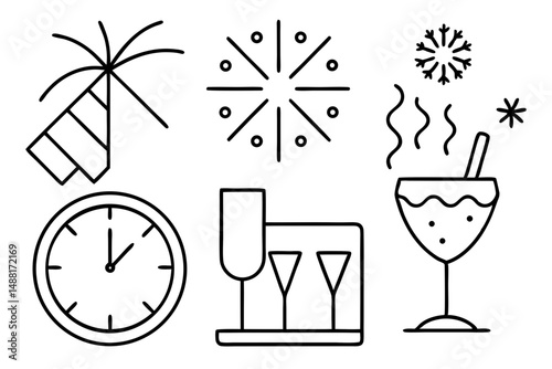 New Years Eve Celebration Line Art Icons Set