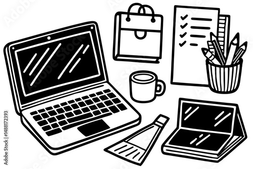 Black and White Doodle Illustration of a Laptop Workspace