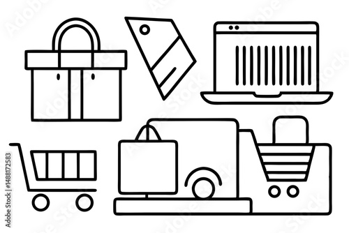Online Shopping and Retail Icon Set Hand Drawn Line Art