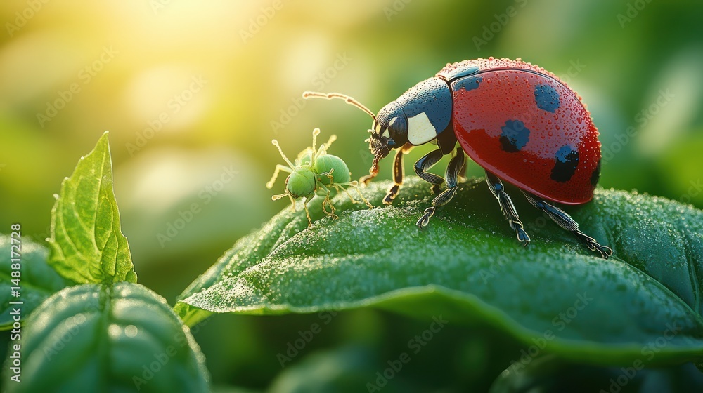 Fototapeta premium Ladybug on green leaf macro