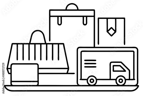 Online Shopping Delivery Service Black and White Illustration