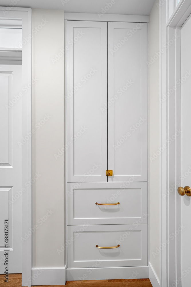 Fototapeta premium White cabinet with two drawers and a gold handle