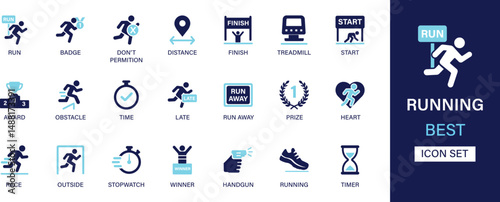 Running icon set collection. Badge, distance, finish, treadmill, start, award, obstacle, time, late, run away, prize, heart and best solid icon set.