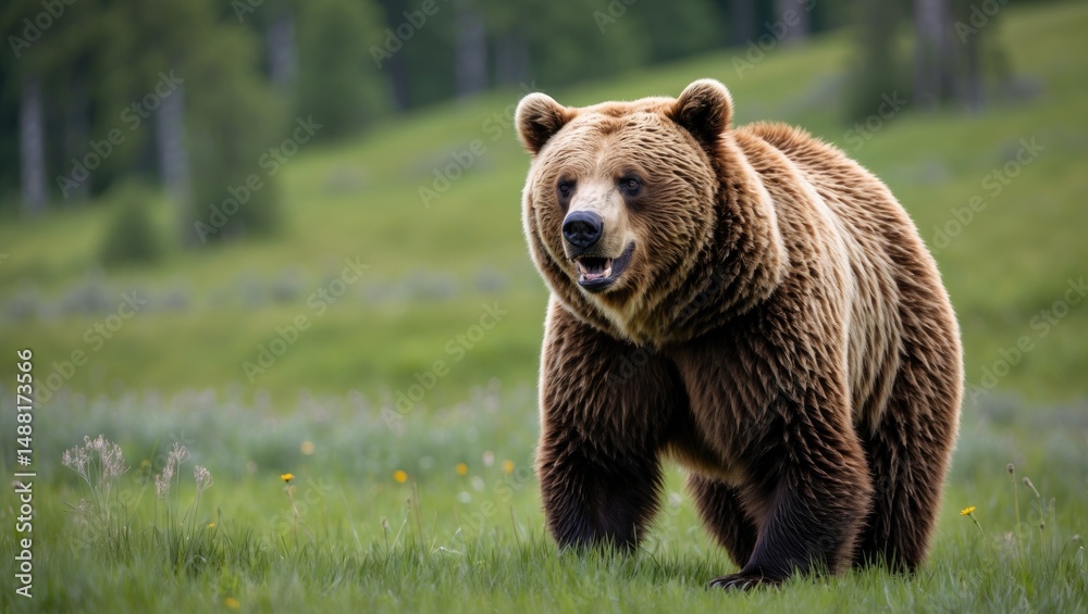 Brown bear male exhaling in the forest's meadow from a frontal perspective Brown bear male exhaling in the forest's meadow from a frontal perspective
