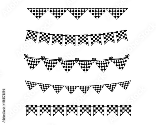 Checkered Bunting Flags Garland Vector Illustration for Racing Themes in Black and White Style for Sports Events