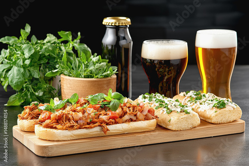 Rustic wooden table featuring a pulled pork sandwich paired with craft beer for an enjoyable dining experience