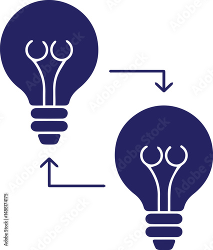 two similar light bulb icons, one upright and the other inverted, with an arrow connecting them, dark blue background