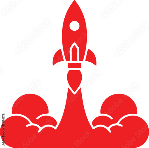 red rocket ship, spaceship launch, clouds billowing below, 3D rendered illustration, minimalist design, bold colors, vector graphics