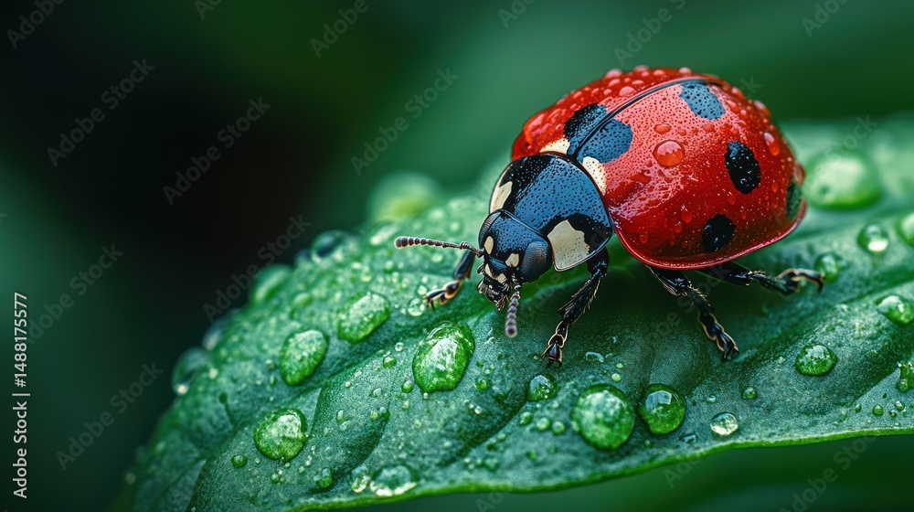 Obraz premium Ladybug on wet leaf closeup
