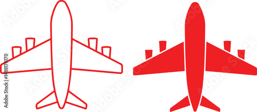airplane, airliner, passenger jet, commercial aircraft, aerospace engineering, transportation, flight, vector illustration, minimalist design, red outline
