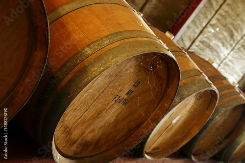 Dusty oak wine barrels in a Western Australia winery.