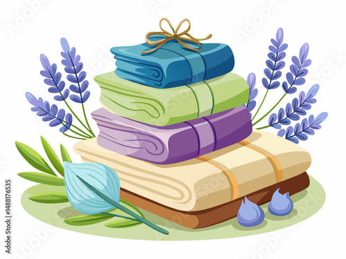 A neatly folded towel stack with a bar of soap and lavender sprig. White background, fresh and calming spa setup