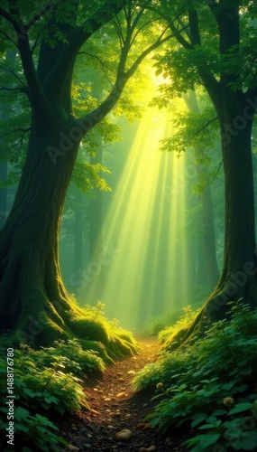Golden sunlight pierces emerald canopy, illuminating mystical forest floor, detail, visual, woodland