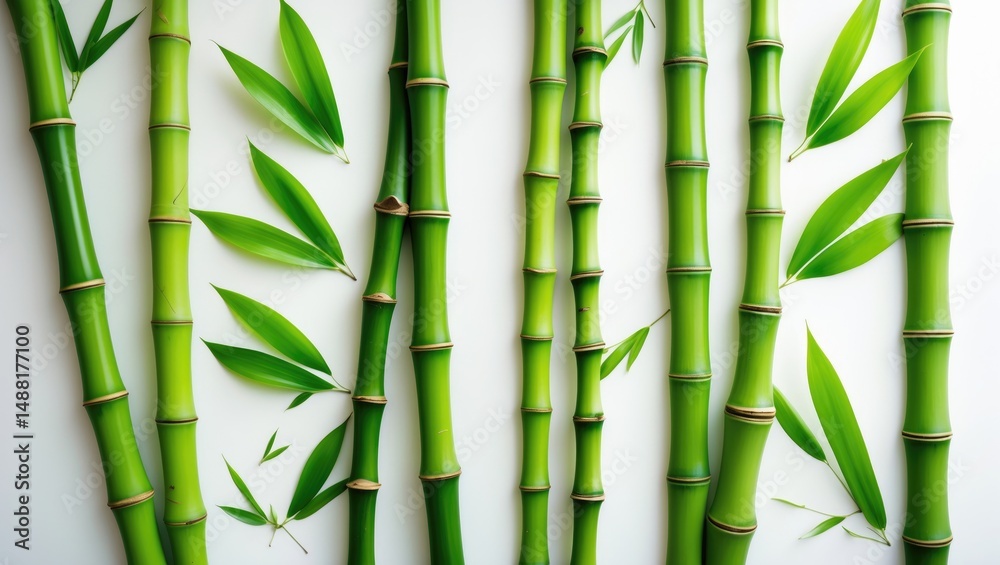 Obraz premium Isolated green bamboo with leaves on a white background featuring a clipping path and full depth of field. Top view. Flat lay.