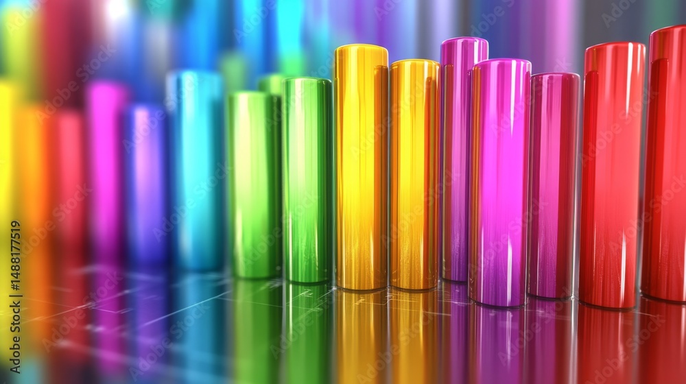 Fototapeta premium A D bar graph with tall, glossy pillars in various colors rising from a reflective surface, symbolizing financial growth and performance analysis