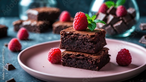 Chocolate cake slices with raspberry and mint in the background, selective focus photo