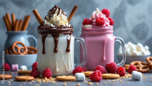 Creamy vanilla and raspberry freakshake topped with bretzels, popcorn, marshmallows, cookies, and berries photo