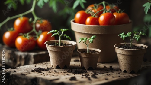 Fresh tomato plants and mature tomatoes in garden containers during spring