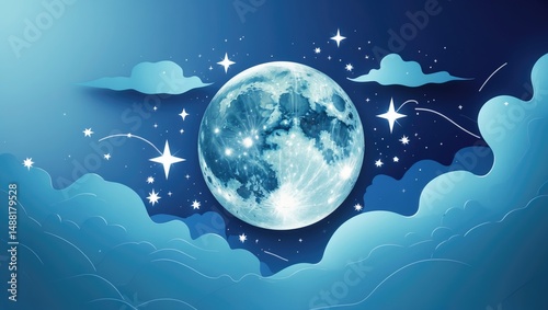 A flat style background with clouds, moon, and stars