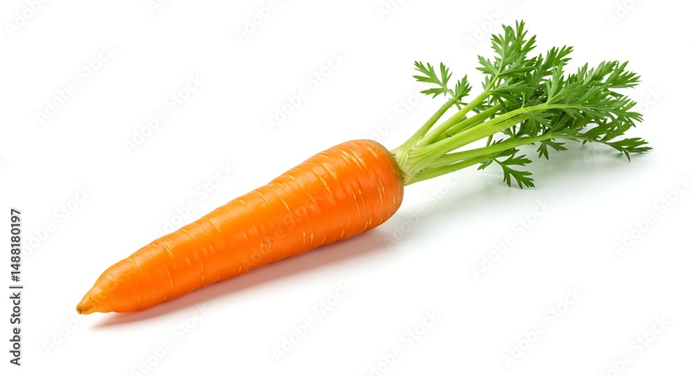 A fresh whole carrot with green leafy top, centered on a pure white isolated background, vibrant color and realistic texture,
A fresh whole carrot with green leafy top, centered on a pure white isolated background, vibrant color and realistic texture,