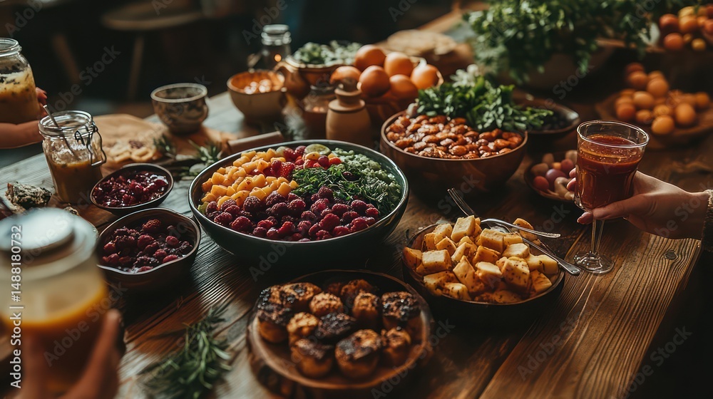 Fototapeta premium Vibrant breakfast with smoothie bowls, fresh fruit, and tea on rustic table—hands reach mindfully.