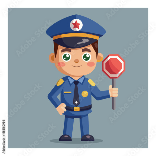 Cartoon Police Character Holding Stop Sign Graphic