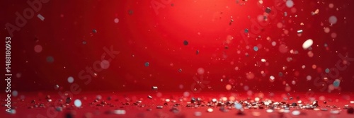 Rich red background, silver confetti rains down , celebration, anniversary
